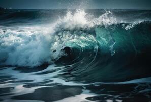 Beautiful deep blue tube wave in the Ocean. Close up sea wave background. Summer holiday concept. photo