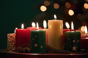 Burning candle and Christmas decoration over snow and wooden background. . photo