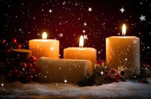 Burning candle and Christmas decoration over snow and wooden background. . photo