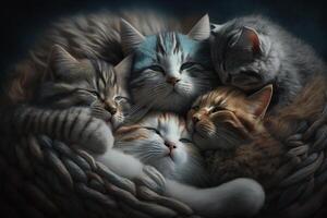 a group of cats all snuggled up together, sleeping in a pile or grooming each other. photo