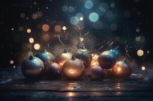 Close up view of beautiful with shiny gold bauble or ball, xmas ornaments and lights, christmas holidays background. . photo