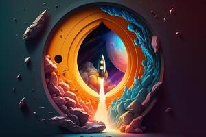 un fantástico imagen de un cohete volador mediante un portal a un alterno universo con vibrante colores y detalles de el portal. ai generado foto