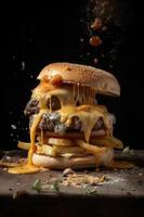 American food. Burger layers isolated. Separated burger layers. Hamburger explosion. Cheeseburger flying fillings isolated. Levitation of burger and cheese, meat, lettuce. Genrative AI photo