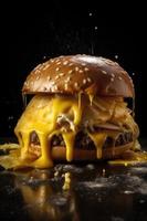 American food. Burger layers isolated. Separated burger layers. Hamburger explosion. Cheeseburger flying fillings isolated. Levitation of burger and cheese, meat, lettuce. Genrative AI photo