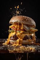 American food. Burger layers isolated. Separated burger layers. Hamburger explosion. Cheeseburger flying fillings isolated. Levitation of burger and cheese, meat, lettuce. Genrative AI photo