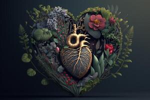 a heart that is surrounded by a garden of blooming flowers and vibrant plants, with vines and leaves that seem to grow out of the organ itself and evoke feelings of growth and renewal. photo