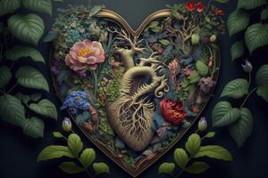 a heart that is surrounded by a garden of blooming flowers and vibrant plants, with vines and leaves that seem to grow out of the organ itself and evoke feelings of growth and renewal. photo