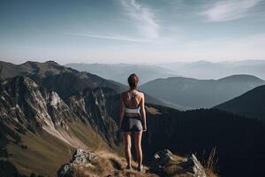 ver desde detrás aptitud niña en pie en parte superior de el montaña. mujer en ropa de deporte en pie en el montaña. generativo ai. foto