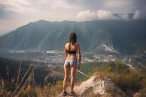 ver desde detrás aptitud niña en pie en parte superior de el montaña. mujer en ropa de deporte en pie en el montaña. generativo ai. foto