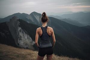 ver desde detrás aptitud niña en pie en parte superior de el montaña. mujer en ropa de deporte en pie en el montaña. generativo ai. foto