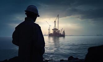 silueta de ingeniero en la seguridad sombrero en pie en frente de costa afuera petróleo plataforma estación, energía industria. generativo ai. foto