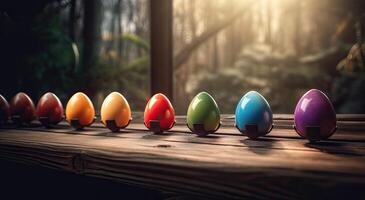 fila de vistoso Pascua de Resurrección huevos en de madera mesa y bokeh fondo, sitio para tipografía y logo. rústico de madera mesa. Pascua de Resurrección tema. generativo ai. foto