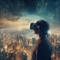 joven mujer vistiendo virtual realidad dispositivo terminado paisaje urbano antecedentes. mujer es utilizando virtual realidad auriculares. concepto de virtual realidad, simulación, juego de azar y futuro tecnología. generativo ai. foto