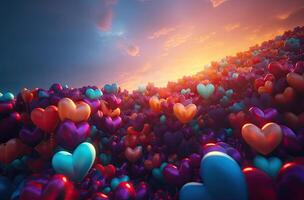 Colorful heart shape balloon with blue sky. Valentine's day background with heart shaped balloons. . photo