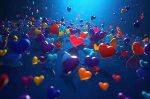Colorful heart shape balloon with blue sky. Valentine's day background with heart shaped balloons. . photo