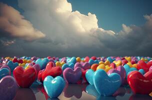 vistoso corazón forma globo con azul cielo. San Valentín día antecedentes con corazón conformado globos generativo ai. foto