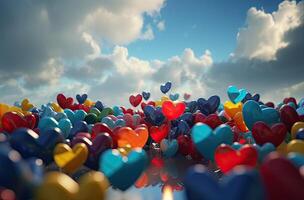 Colorful heart shape balloon with blue sky. Valentine's day background with heart shaped balloons. . photo