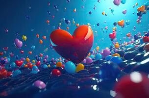 Colorful heart shape balloon with blue sky. Valentine's day background with heart shaped balloons. . photo