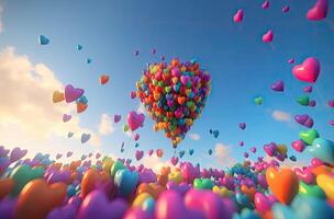 vistoso corazón forma globo con azul cielo. San Valentín día antecedentes con corazón conformado globos generativo ai. foto