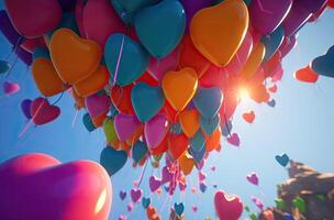 Colorful heart shape balloon with blue sky. Valentine's day background with heart shaped balloons. . photo