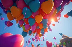 vistoso corazón forma globo con azul cielo. San Valentín día antecedentes con corazón conformado globos generativo ai. foto