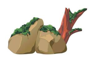 Stone grown with moss, tree trunks and botany vector