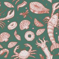 Crab and mollusks, seashells seamless pattern vector