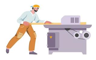 Carpenter using saw machine, woodworker vector