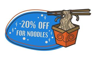 Discount on noodles in restaurant, label or logo vector