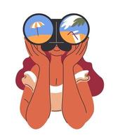 Woman with binoculars looking at seaside beach vector