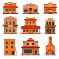 Wild west architecture, wooden buildings design vector