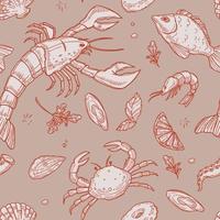 Seafood seamless pattern, crabs and oysters print vector