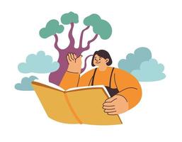 Female character reading book on nature outdoors vector
