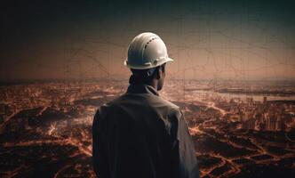 construcción concepto. a espalda de el construcción trabajador cabeza cuales es vistiendo el la seguridad casco y comprobación trabajo a el construcción sitio. inexistente persona. generativo ai foto