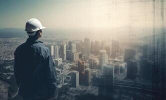 Construction concept. at back of the construction worker head which is wearing the safety helmet and checking work at the construction site. Non-existent person. photo