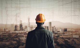 Construction concept. at back of the construction worker head which is wearing the safety helmet and checking work at the construction site. Non-existent person. photo