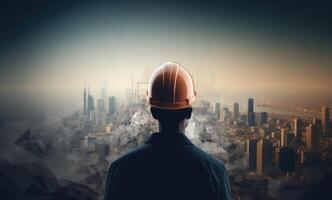 Construction concept. at back of the construction worker head which is wearing the safety helmet and checking work at the construction site. Non-existent person. photo