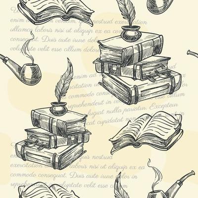 Old books and smoking pipe, seamless pattern print