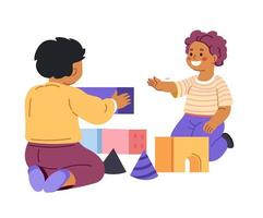 Children playing games with building blocks cubes vector