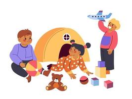 niños jugando juguetes y comunicado, vector