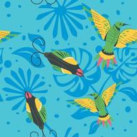 Parrots and hummingbirds, tropical flora print vector