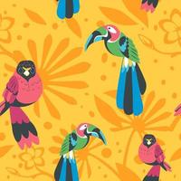 Tropical flower foliage and parrots seamless print vector