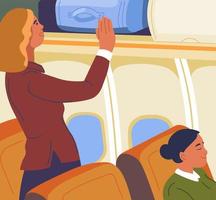 Female character putting luggage on shelf in plane vector