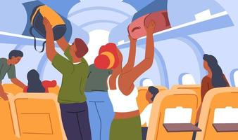 People putting cabin bagage on airplane shelf vector