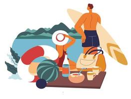 Couple on vacation by sea, seaside landscapes vector