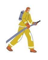 Fireman with hose extinguishing fire and flames vector