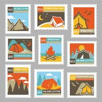 Colorful postage stamp with travel camping element vector