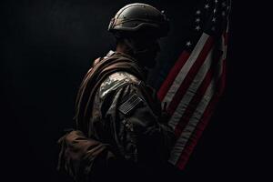 4th of July concep. portrait of A soldier in front of a flag of the USA. The soldier with the gun in front of a flag. portrait soldie standing in front of usa flag. Non-existent person. photo