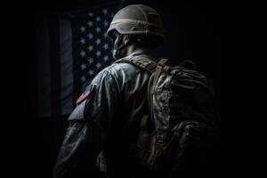 4th of July concep. portrait of A soldier in front of a flag of the USA. The soldier with the gun in front of a flag. portrait soldie standing in front of usa flag. Non-existent person. photo