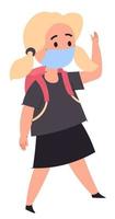 School girl wearing medical mask walking with bag vector